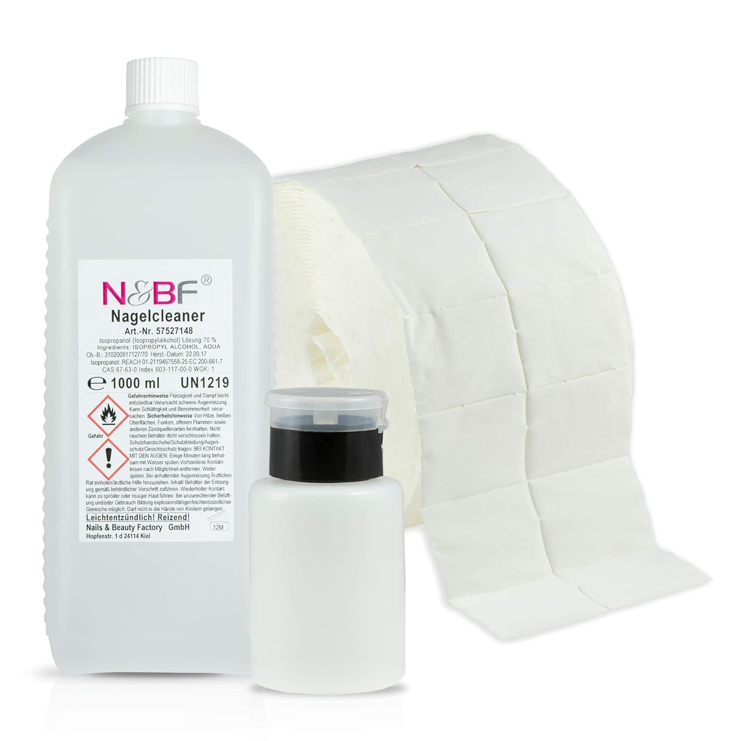 N&BF Nagel Cleaner Set – 1000 Ml + Dispenser + 1000 Zelletten – 70% Ethanol Für Gelnägel & Desinfektion