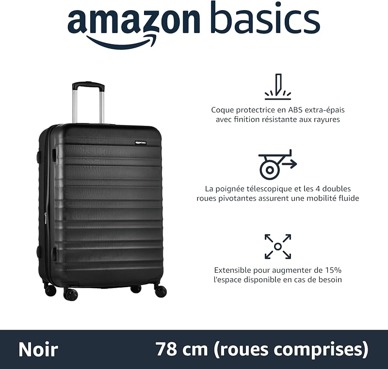 Valise Rigide Grande - Bagage de Voyage Extensible ABS avec 4 Roulettes Doubles Pivotantes - Résistante aux Rayures et Légère - 78 x 52,6 x 32cm - Noir — photo 2 sur 7