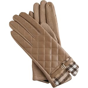 Elsie & Zoey Women’s Quilted Touchscreen Winter Gloves, Vegan Leather with Plaid Trim, Dressy Cold Weather Gloves