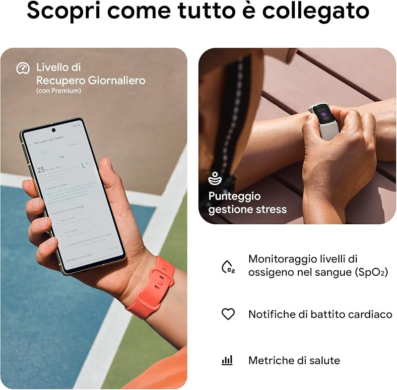 Google Fitbit Charge 6 Activity tracker con abbonamento Google Health Premium di 3 mesi incluso, 7 giorni di durata della batteria, Alluminio Corallo/Oro Champagne