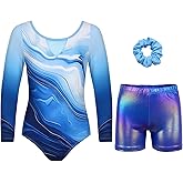 JOYSTREAM Gymnastics Leotards for Girls With Shorts Sparkly Ballet Dance Long Printed Sleeve Outfit