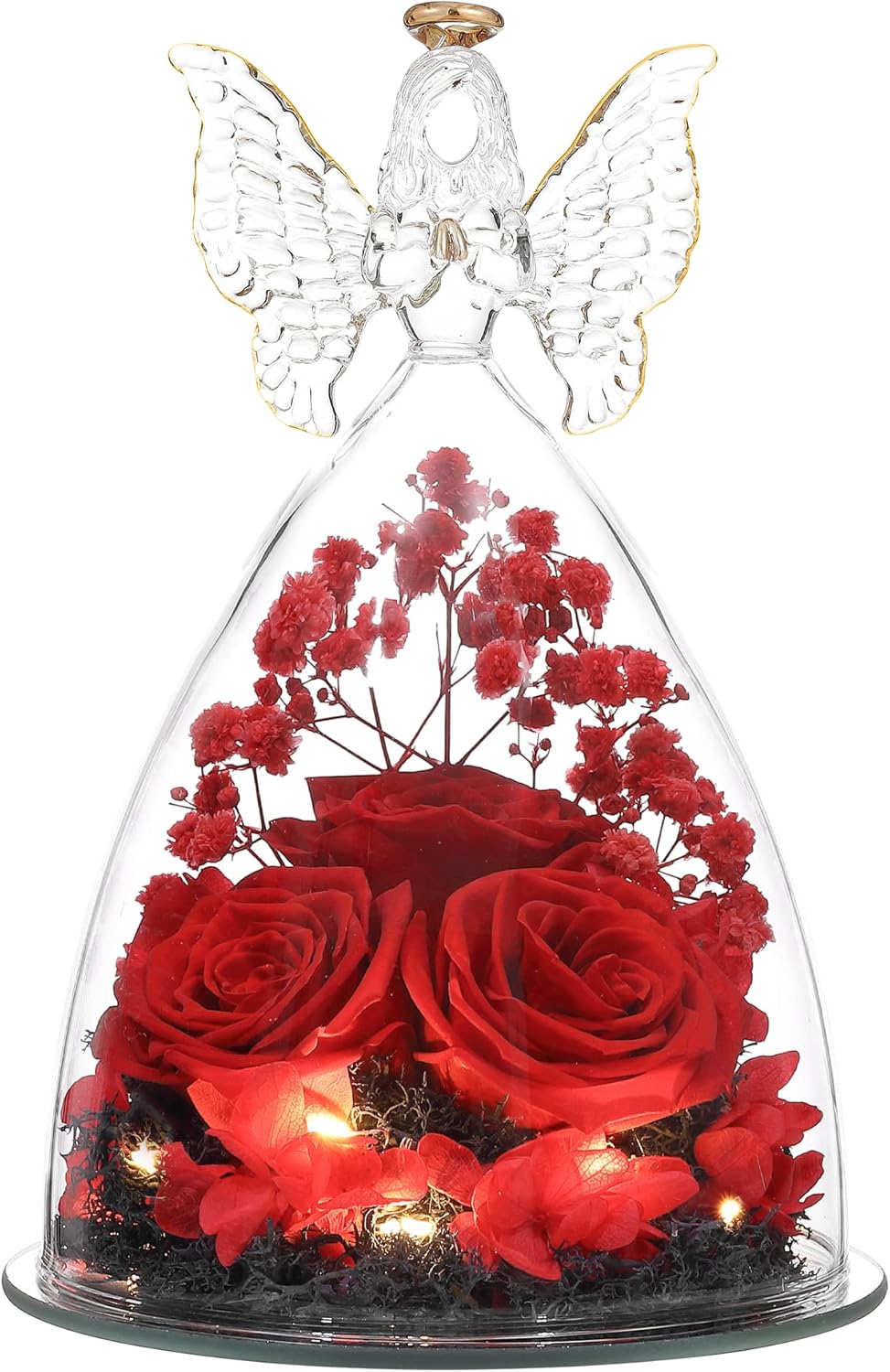 Dried & Preserved Flora - Tiaronics Mothers Day Gifts, Glass Angel Figurine with Three Roses Gifts,Preserved Forever Real Rose Gifts for Women, Angel Guardian with Rose Gift for Valentine Day - Red