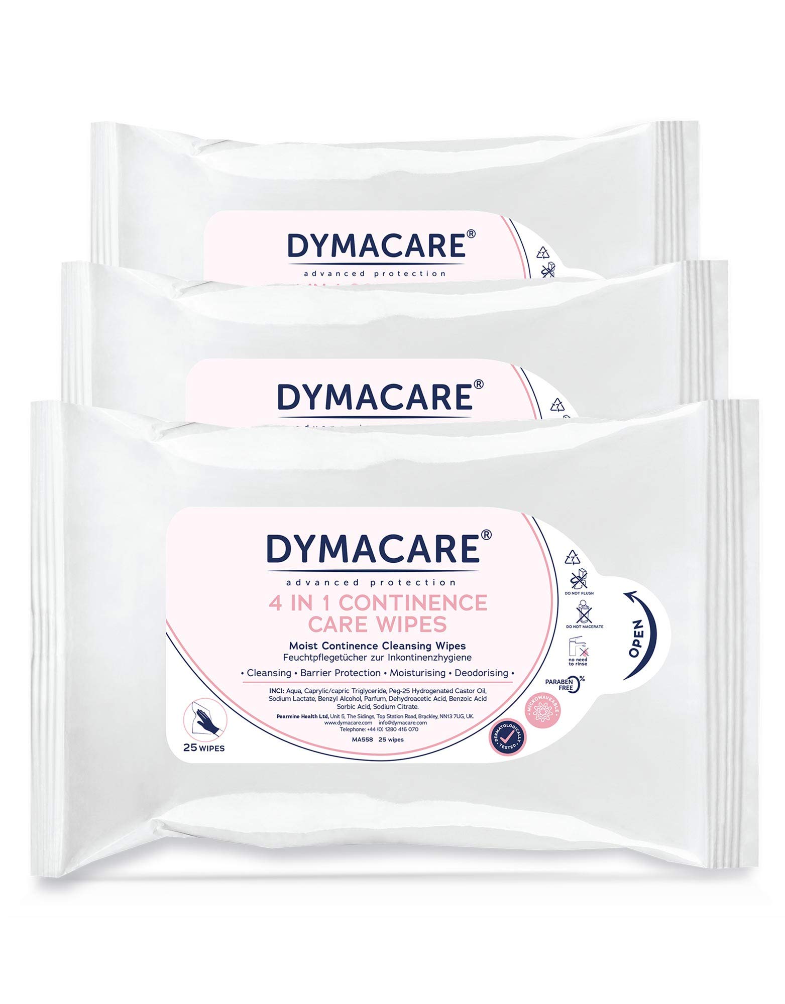 DYMACARE 4 in 1 Continence Care Wipes 25's | Adult Scented Premium Disposable Incontinence Cloths | Skin Cleansing Wipes with Barrier Protection | 3 Packs (75 wipes in total)