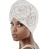 Bohend African Black Turban Flower Stretchy Women Head Wraps Rhinestone Elastic Head Scarf for Head Covering