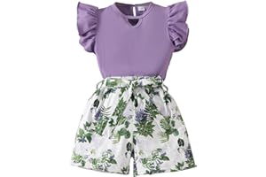 Axumity Toddler Girl Clothes Outfits Tropical Print Ruffle Trim Top + Belted Floral Shorts 2PC Summer Clothing Set