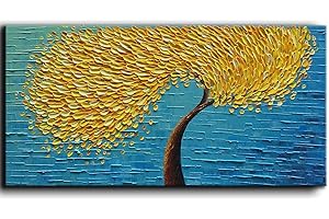 YaSheng Art -Abstract Painting Yellow Tree 3D Oil Painting Hand Painted On Canvas Abstract Artwork picture Wall Art for living room office Decor 20x40inch