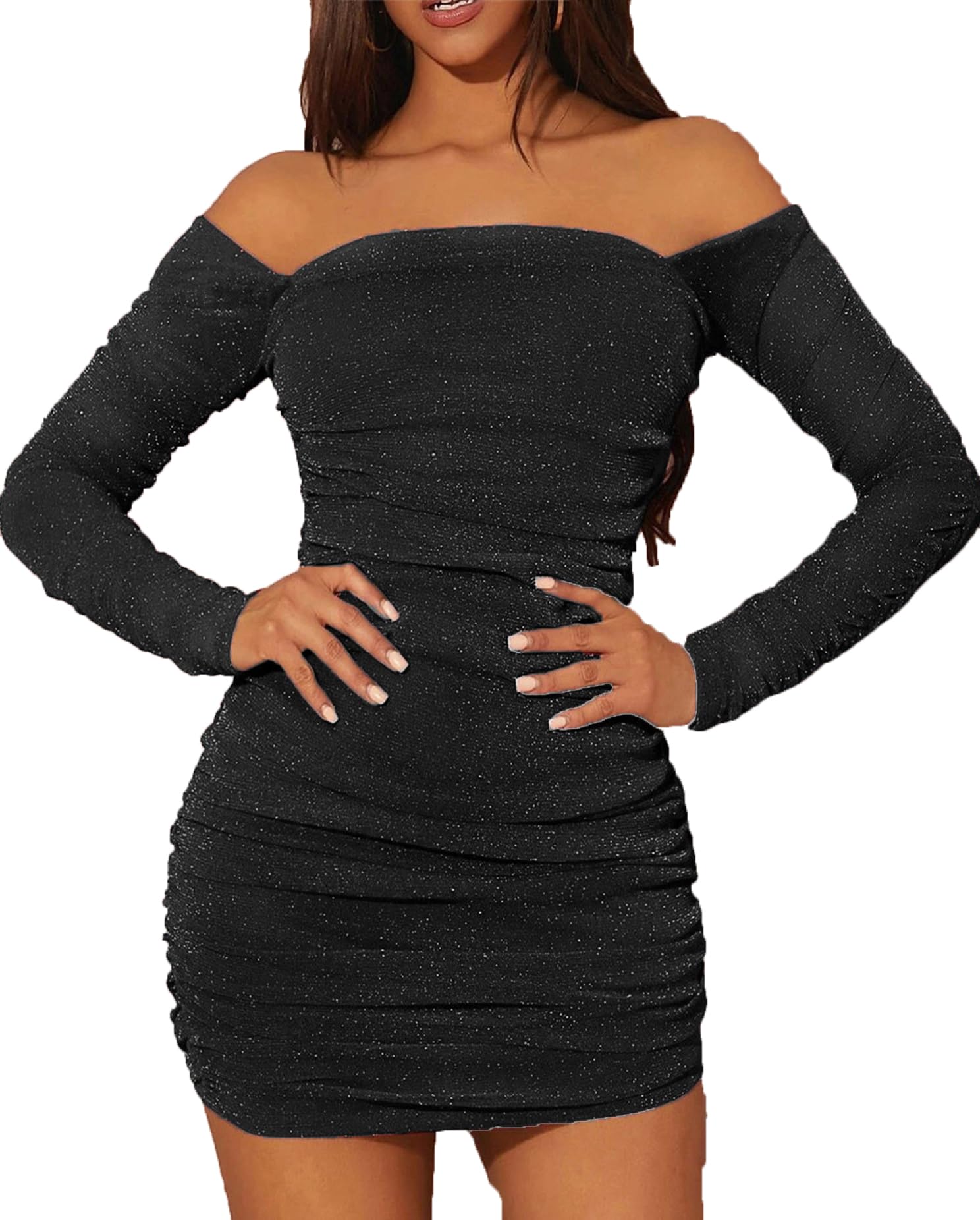 Photo 1 of (used/fair) (bagged) MOEENCN Women Mesh Bodycon Mini Dress Long Sleeve Square Collar Pleated Ruched Dresses Party Night Club Outfits Black L