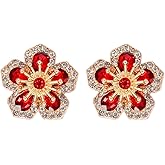 QLUYCKW Crystal Flower Stud Earrings Bohemian Vintage Elegant Gold Rhinestone Petal Earrings Bridal Wedding Party Prom Costume Jewelry for Women Birthday Gift