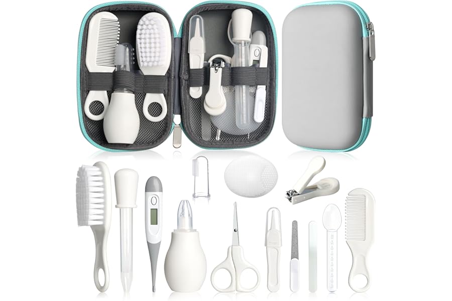 Baby Grooming Kit, Infant Safety Care Set with Hair Brush Comb Nail Clipper Nasal Aspirator,Baby Essentials Kit for Newborn Girls Boys (Grey White)