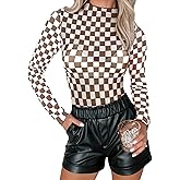 Essrite Womens Floral Mesh Top Mock Neck Long Sleeve Slim Fit See Through Shirt Blouses Tops