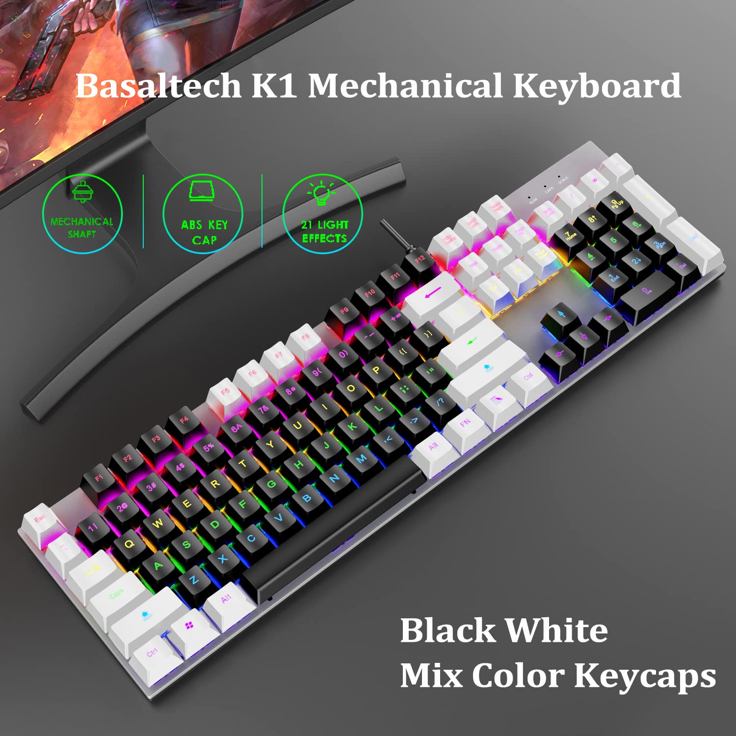 Basaltech Mechanical Gaming Keyboard with White LED Backlit, 104-Key Anti-Ghosting Blue Switch Ergonomic Metal Panel Classic Keycaps Light Up Keyboard Wired USB for PC, Laptop, Mac