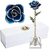 AliveRose 24k Gold Rose in Dipped,24k Gold Real Rose Gift for her, Long Stem Rose Made from Real Gold Rose for Anniversary Valentines Mothers Day Birthday (Deep Blue with Crystal Vase)