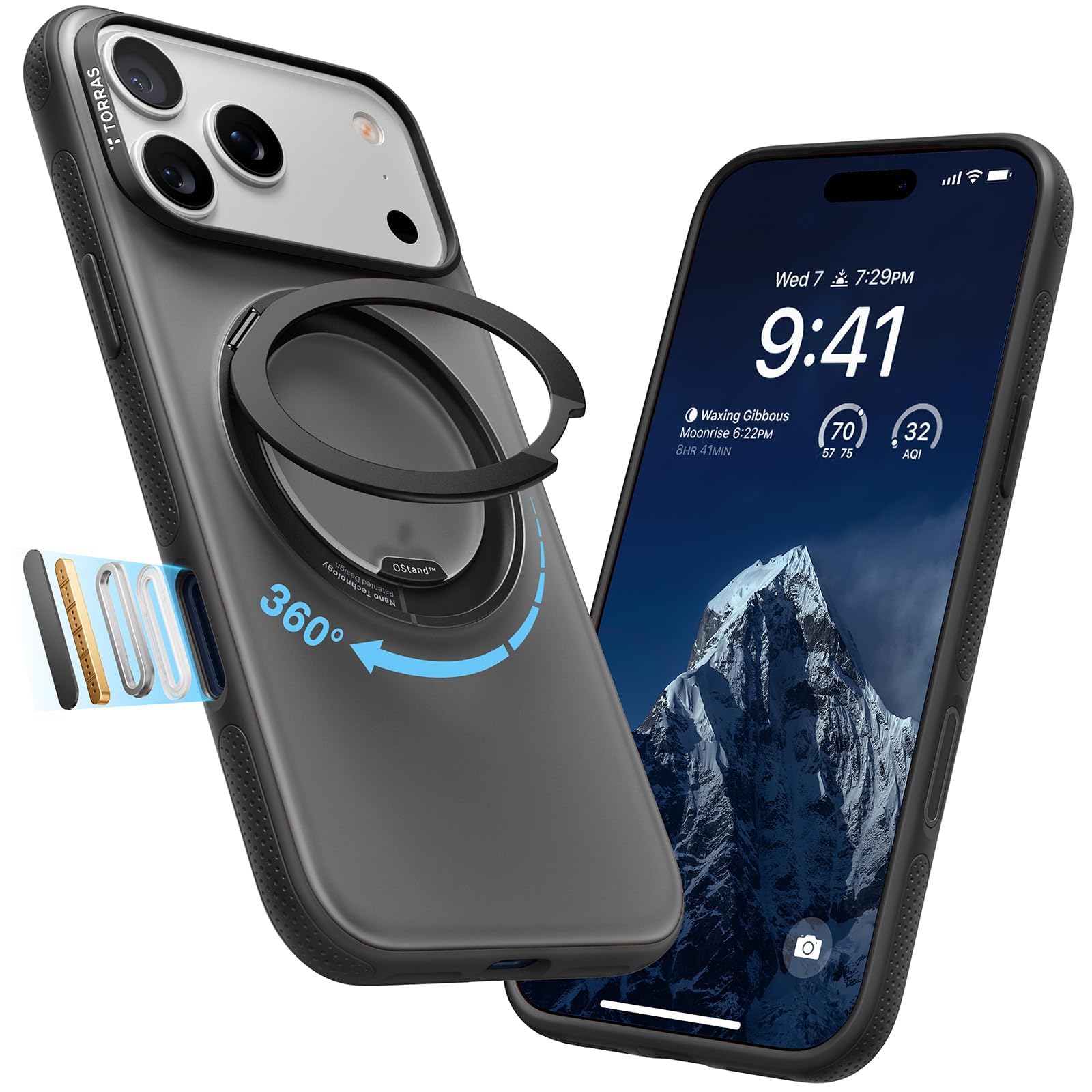 Photo 1 of TORRAS 360 Magnetic Stand for iPhone 17 Pro Case, [Fit for MagSafe] [Rotatable Ring Kickstand] [4X Mil-Grade Shockproof] Slim Phone Cover, Camera Button, Obsidian Black, Translucent, Ostand O3 Fitness