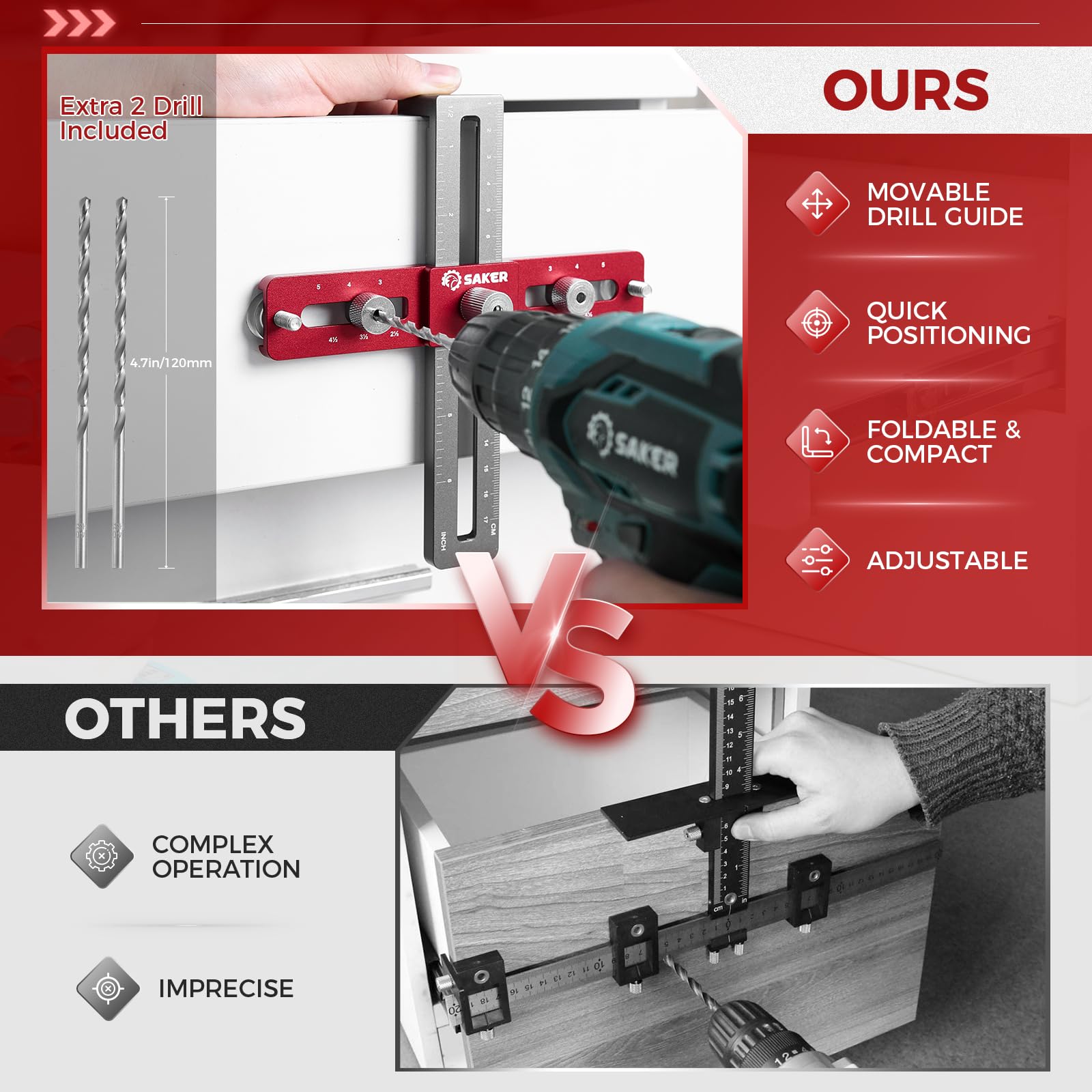 Saker Cabinet Hardware Doweling Jig,Adjustable Cabinet Template Tool for Knobs,Handle and Pull,Self Centering Punch Locator Precise Woodworking Drill Guide for Drawer Installation