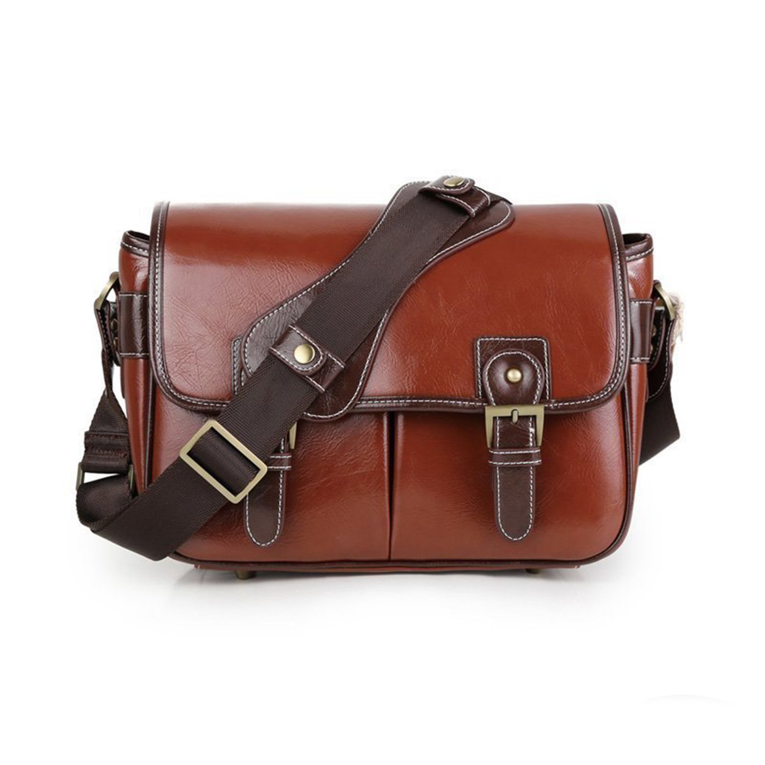 Beaspire Camára Bolsa Bandolera Impermeable de Cuero Sintético Mensajero Funda Protector para 1 DSLR Cámara con 2 Lentes para Canon Sony Nikon Olympus de Viajes (Marrón Oscuro)