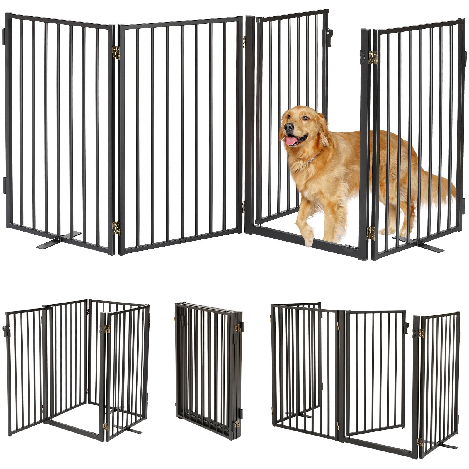 View 1 of ***MISSING HARDWARE*** Paulmele Metal Freestanding Dog Gates with Door for Outdoor Indoor,80'' Extra Wide 32'' Tall Free Standing Dog Gate for Doorways,Large Openings,Deck,Yard,Foldable Safety Pet Fence(Black,4 Panels)