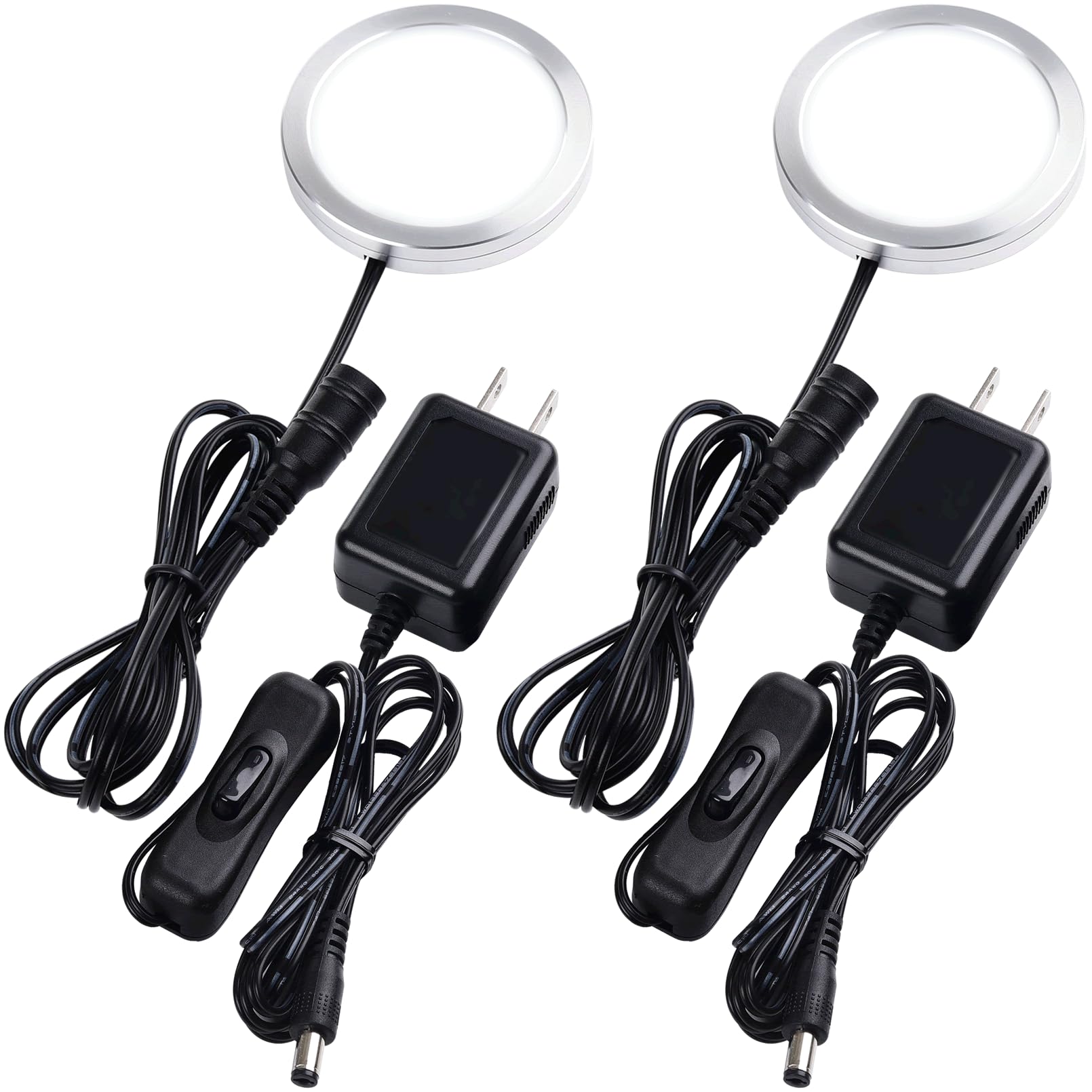 Photo 1 of Lvyinyin Single Under Cabinet LED Puck Light, Curio Display Case Shelf Counter Accent Lighting, 120V Electric Wired Wall Plug in, On Off Switch, Black Cords, 2 Packs, Daylight