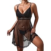 Inquekets Black Lingerie, Lace Trim Sexy Night Gowns for Women Polka Dot Mesh Fabric Lingerie Dress See Through V Neck