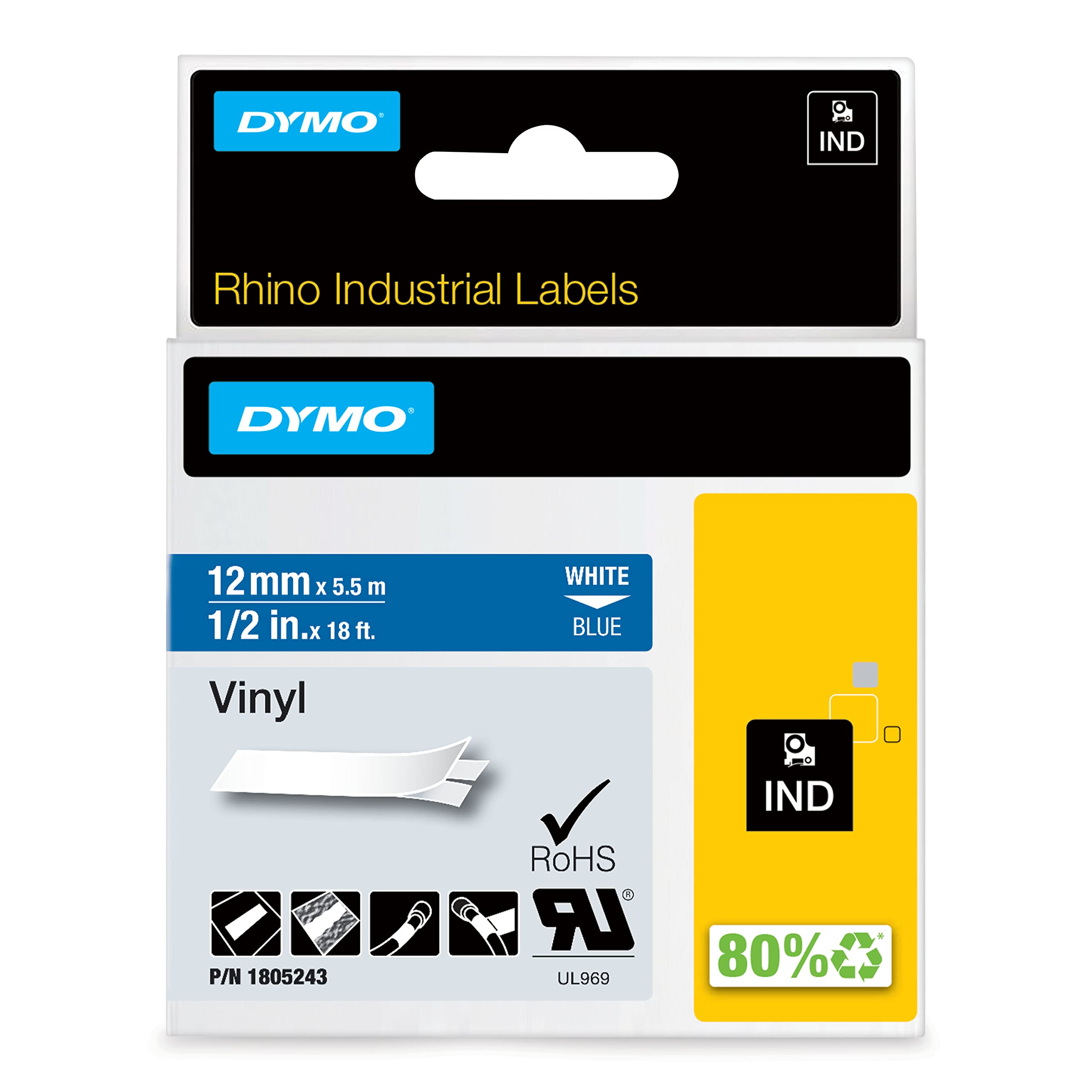 DYMO Rhino Industrial Vinyl Labels | 12 mm x 5.5m | White Print on Blue | Self-Adhesive | for DYMO LabelManager & Rhino Label Makers