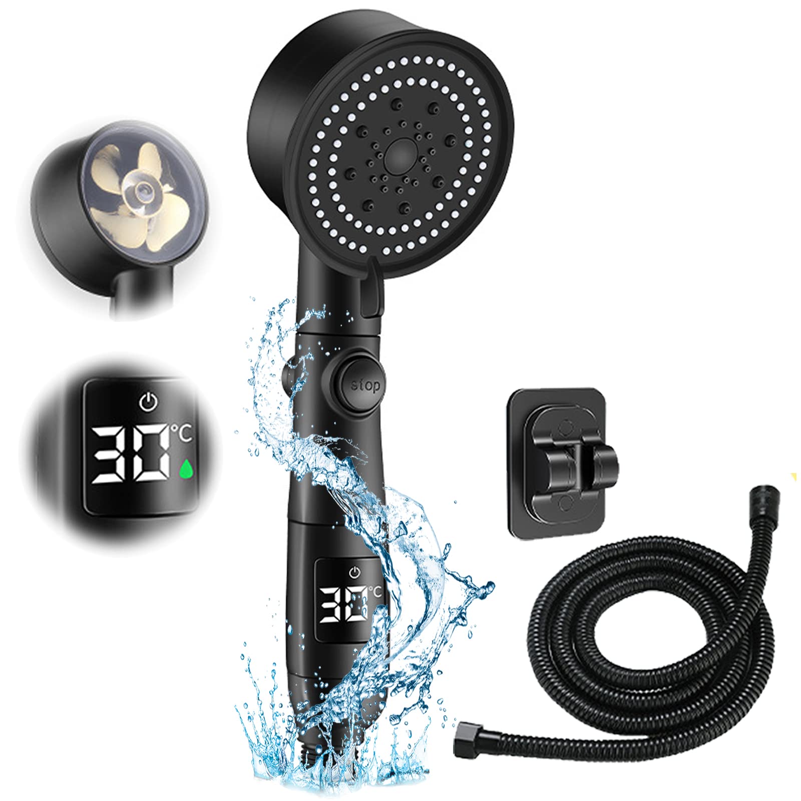 LED Shower With Temperature Digital Display - 5 Modes Turbocharged Rainfall Head, 2M Hose and Punch-Free Bracket