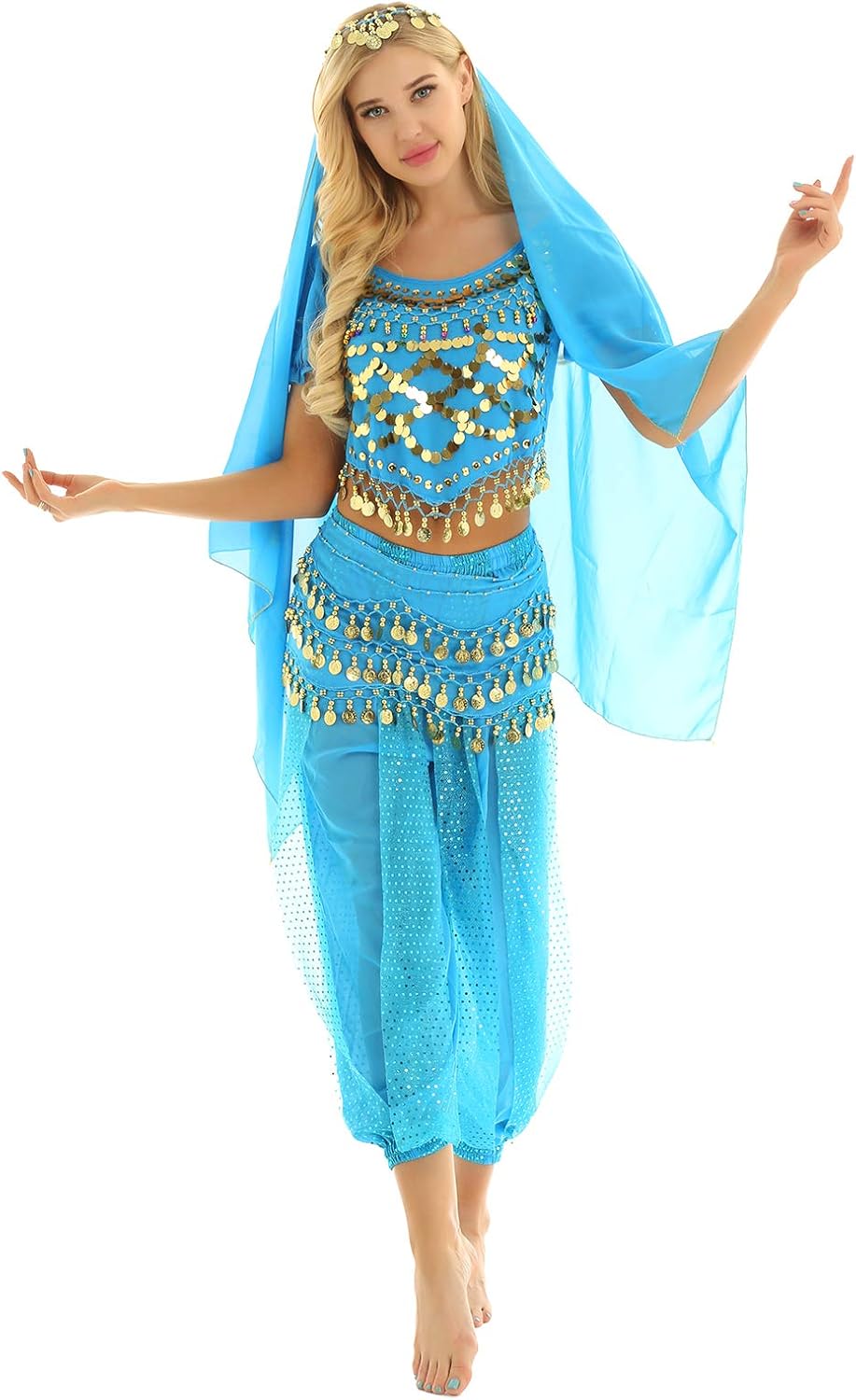 inlzdz Women Ladies 2PCs/4PCs Indian Dance Dress Belly Dance Outfits Halloween Fancy Dress Costumes Lake Blue One Size - Image 3