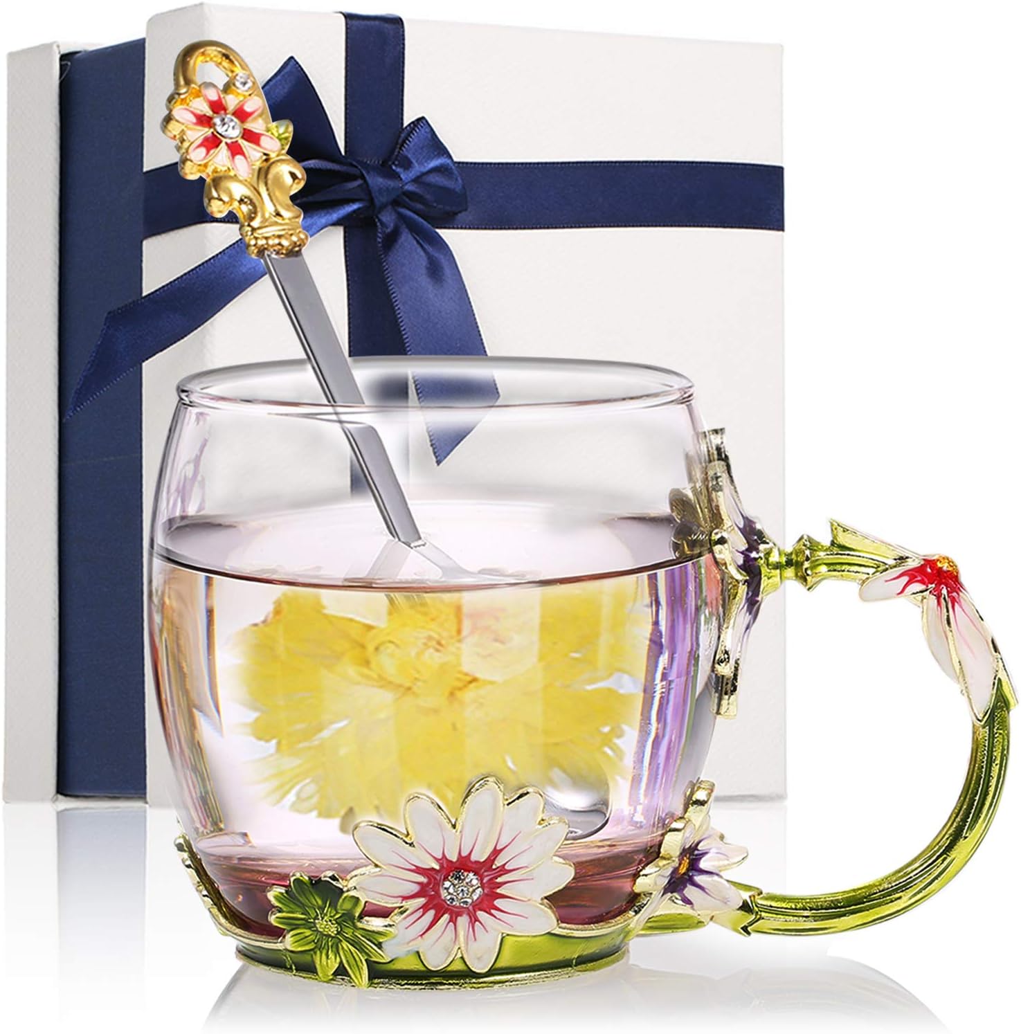 Decdeal Enamel Glass Mug Flower Tea Cup Coffee Mug with Spoon & Cleaning Cloth & Gift Box, Gifts for Mum Wife, Girl