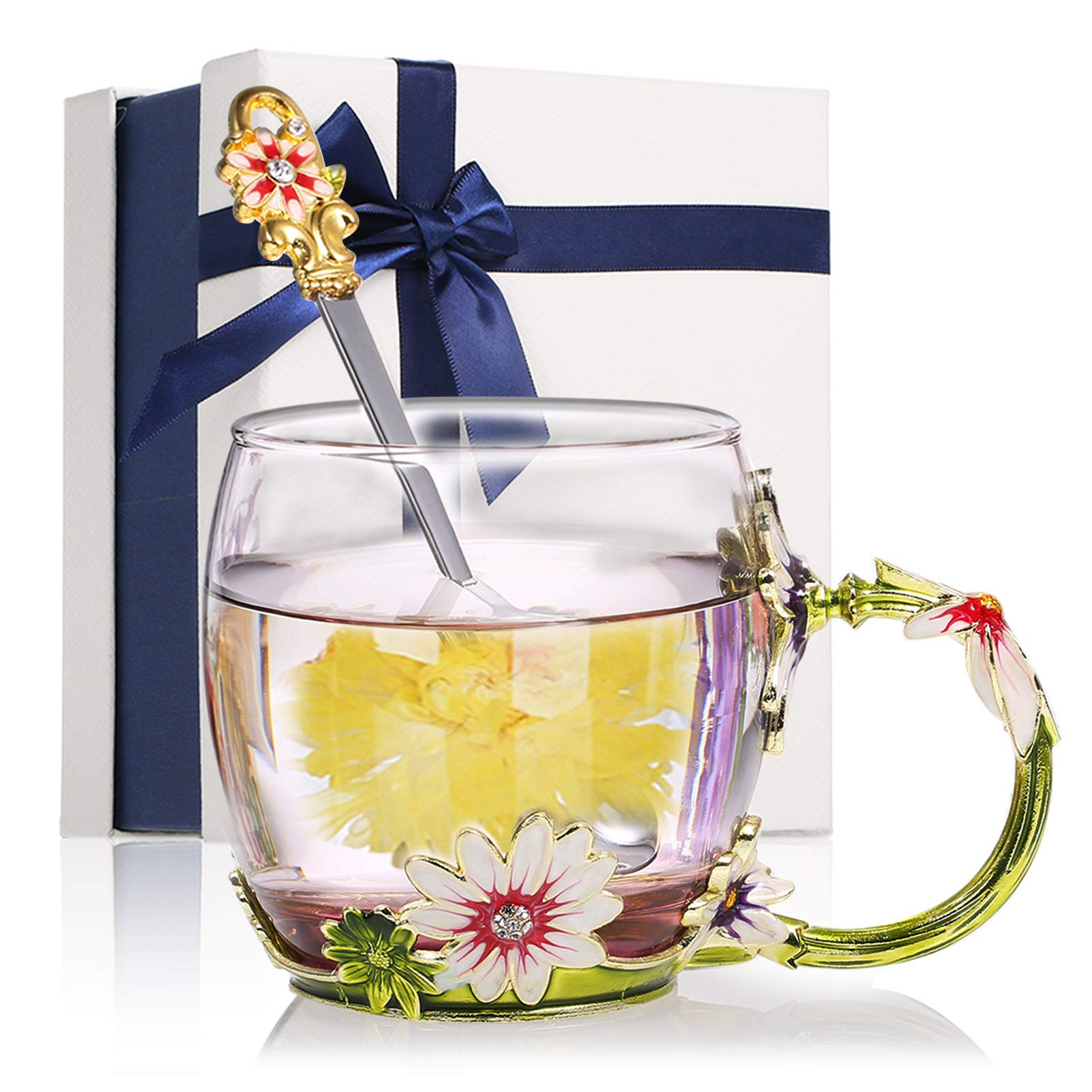 Decdeal Enamel Glass Mug Flower Tea Cup Coffee Mug with Spoon & Cleaning Cloth & Gift Box, Gifts for Mum, Wife, Girl, Teacher on Birthday, Valentine's Day, Mother's Day, Wedding Anniversary, Christmas