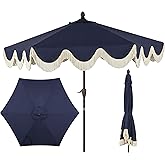 JONATHAN Y UMB1001 Collins 9 ft. Classic Cottage Tassel Market Patio Umbrella with Auto-Tilt, Crank, Wind Vent and UV Protection