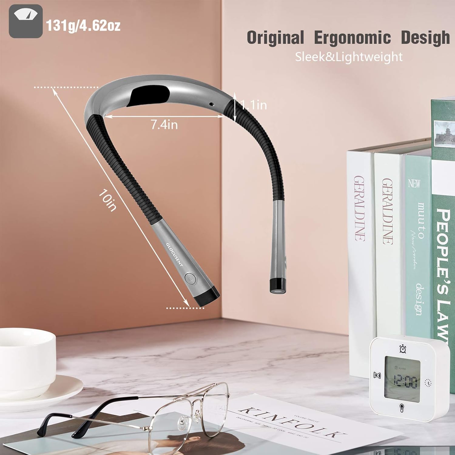 Glocusent LED Neck Reading Light, Book Light for Reading in Bed, 3 Colors, 6 Brightness Levels, Bendable Arms, Rechargeable, Long Lasting, Perfect for Reading, Knitting, Camping, Repairing - - 