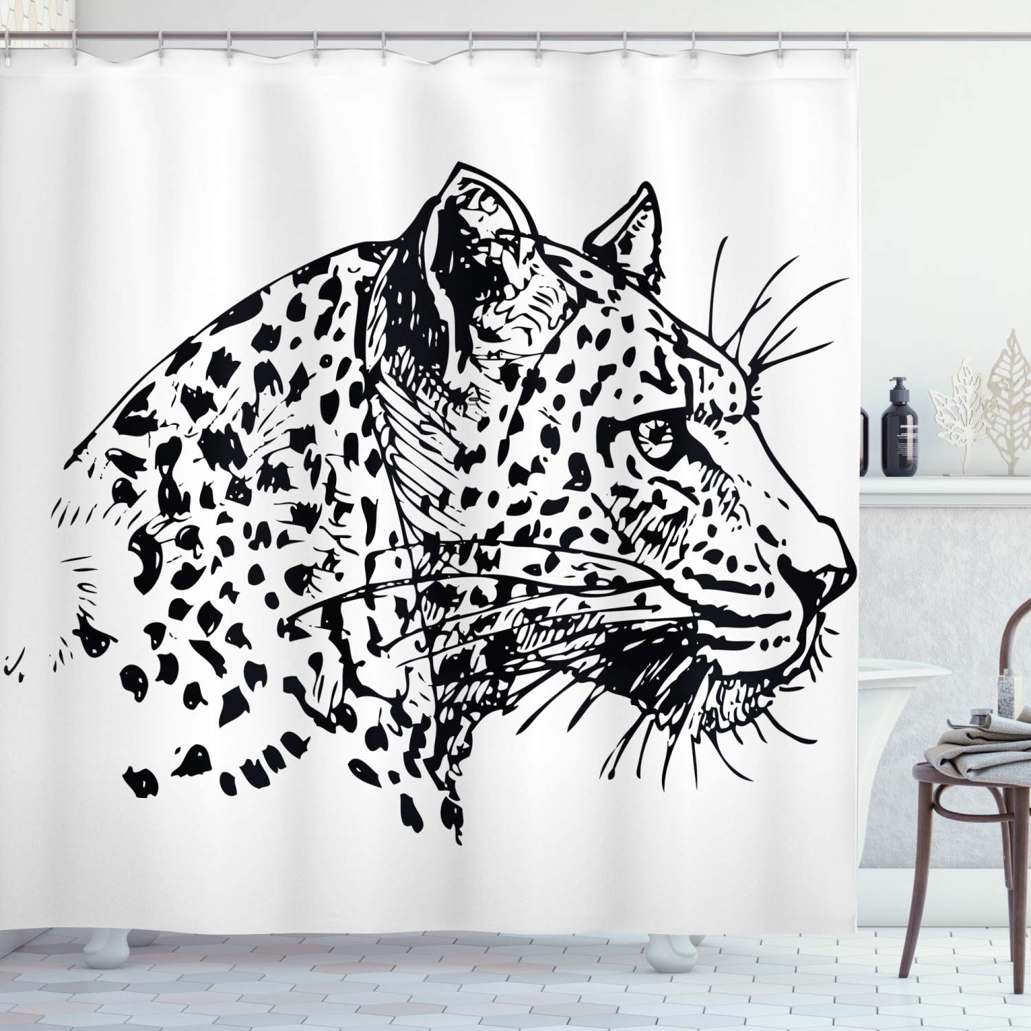 ABAKUHAUS Sketchy Shower Curtain, Hand Drawn Jaguar Profile Wildlife Jungle Animal Safari Theme Artwork, Cloth Fabric Bathroom Decor Set with Hooks, 70 Inches, Black White