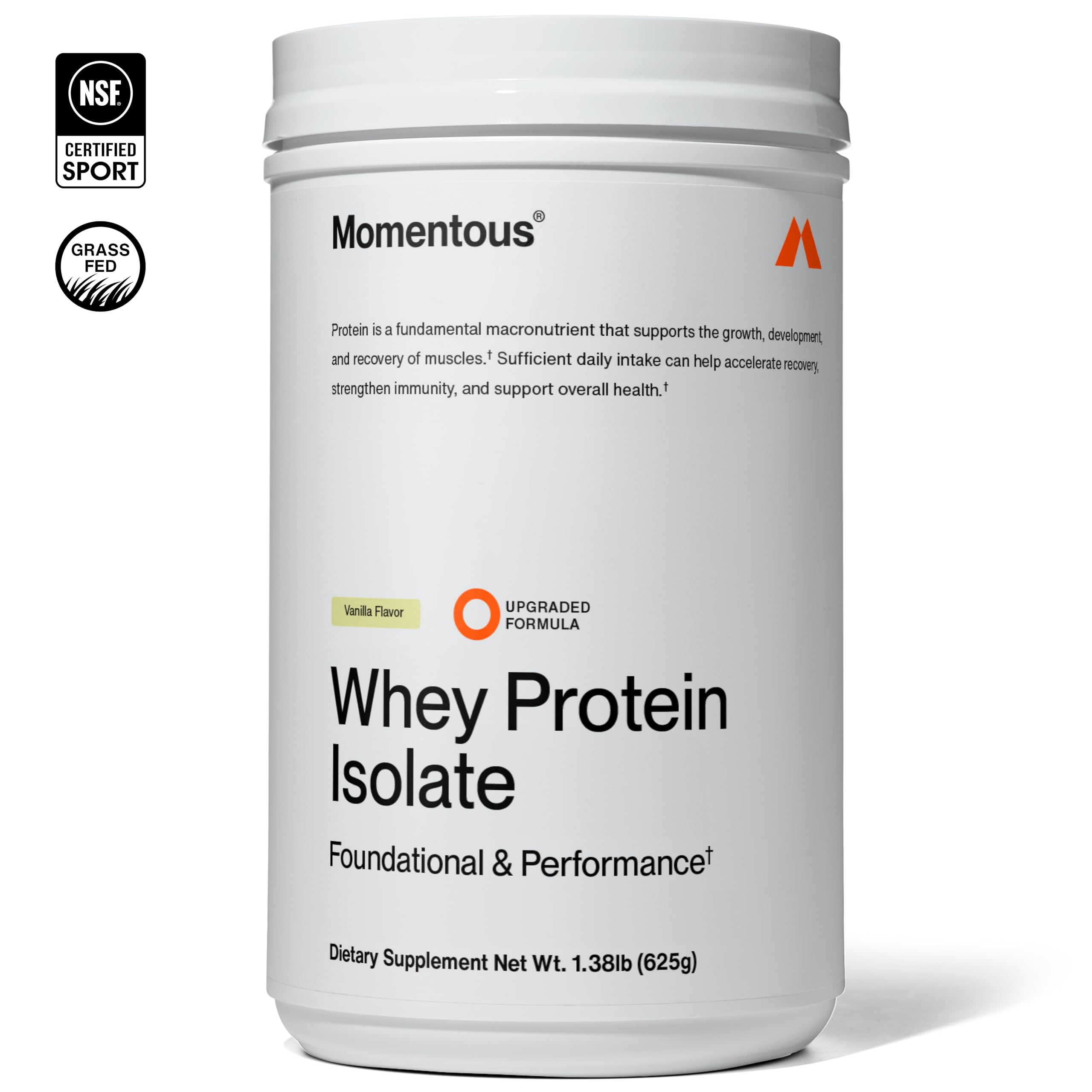 Momentous Essential Grass-Fed Whey Protein Powder - 20 g Whey Isolate Protein - NSF Certified for Sport - Gluten-Free - 24 Servings for Essential Everyday Use - Vanilla - Package May Vary