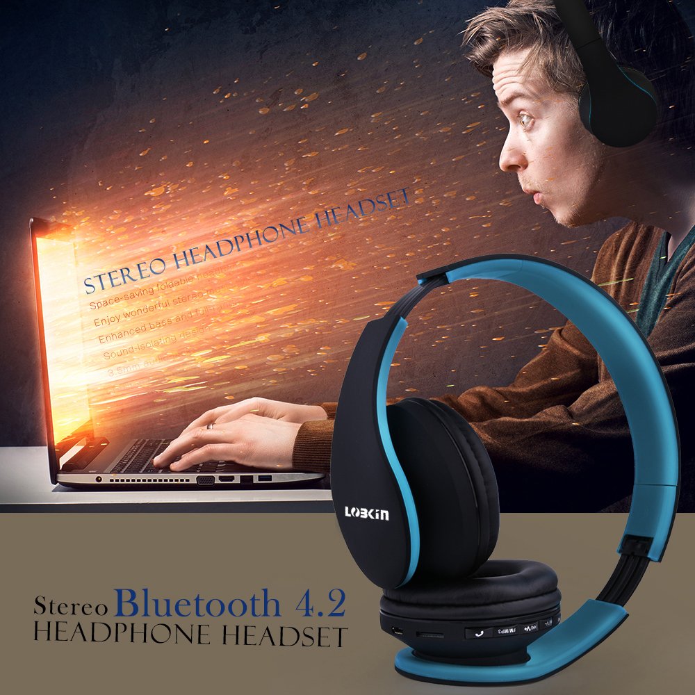 Cuffie Bluetooth LOBKIN Auricolari Stereo con Microfono Bluetooth 4.1 Pieghevole Over-Ear Senza Fili Cuffie con Microfono Ricaricabile Riduzione del Rumore Interno Supporto SD/TF Card (azul-negro)