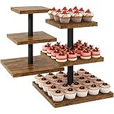 IBUYKE 3 Tier Cupcake Stand,Set of 2,Cupcake Tower,Square Serving Dessert Display Stand,Cupcake Tray Stand,Dessert Tree Tower for Christmas Birthday,Home Party, Wedding,Rustic Brown UTLJ014H-2