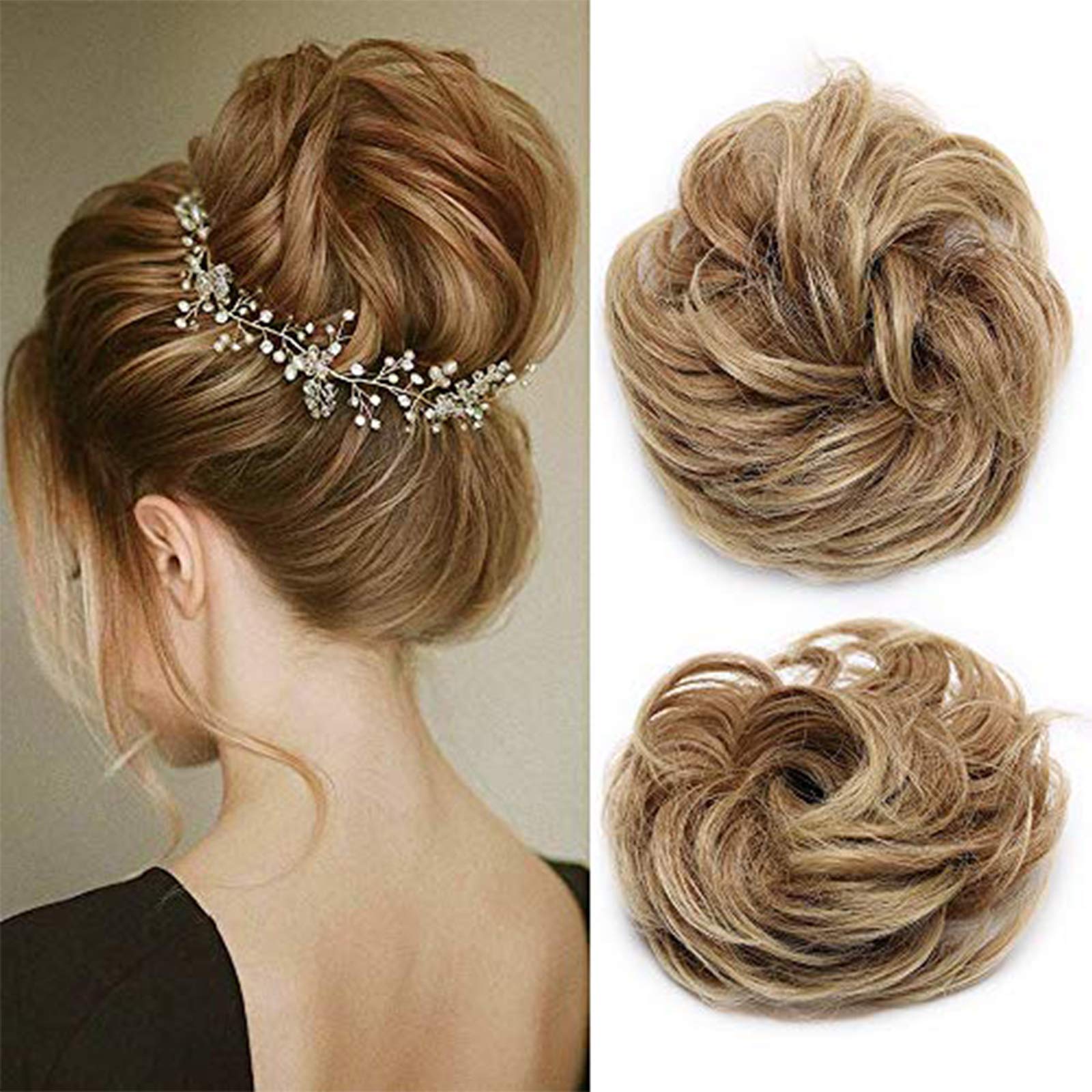2 Packs Hair Bun Extensions Messy Hair Scrunchies Hairpieces Hair Donut Updo Ponytail Hair Accessory for Women [Golden Brown/Blond]