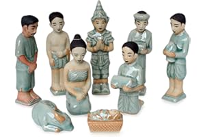 NOVICA Blue Celadon Ceramic Handmade Christmas Holiday Nativity Scene, 5" Tall 'Thai Christmas' (Set of 9)