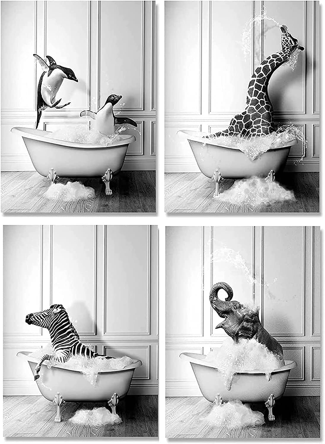 ERTLKP Pack of 4 Bathroom Pictures, Bathroom Poster, Black and White Wall Art, Toilet Bathtub Canvas Painting, Home Decoration, Frameless (Cute Animals, 50 x 70 cm x 4 Pieces)