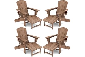 KINGYES Folding Adjustable Adirondack Chair with Ottoman Set of 4, HDPE All Weather Use Oversized Adirondack Chair with Cup Holder, Wood-Like Reclining Versatile Adirondack Outdoor Chair, Brown
