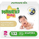 MANEKI BABY Diapers, Size 2 (9–18 lbs), 132 Count, Super-Soft, Ultra-Thin & Highly Absorbent, Hypoallergenic, Fragrance-Free for Sensitive Skin, Breathable, Day & Night Leak Protection (Pack May Vary)