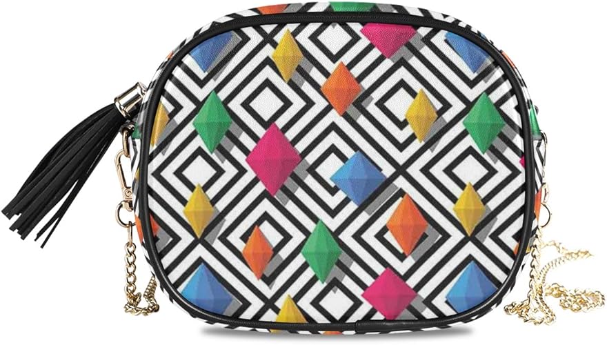 Amazon Niesikkla レディース チェーンバッグ おしゃれ ミニ グ ショルダーバッグ シンプル 合わせやすい 多機能 活気のある色と3 Dスタイルのダイヤモンド宝石の図ブラックホワイトバックグラウンド ショルダーバッグ