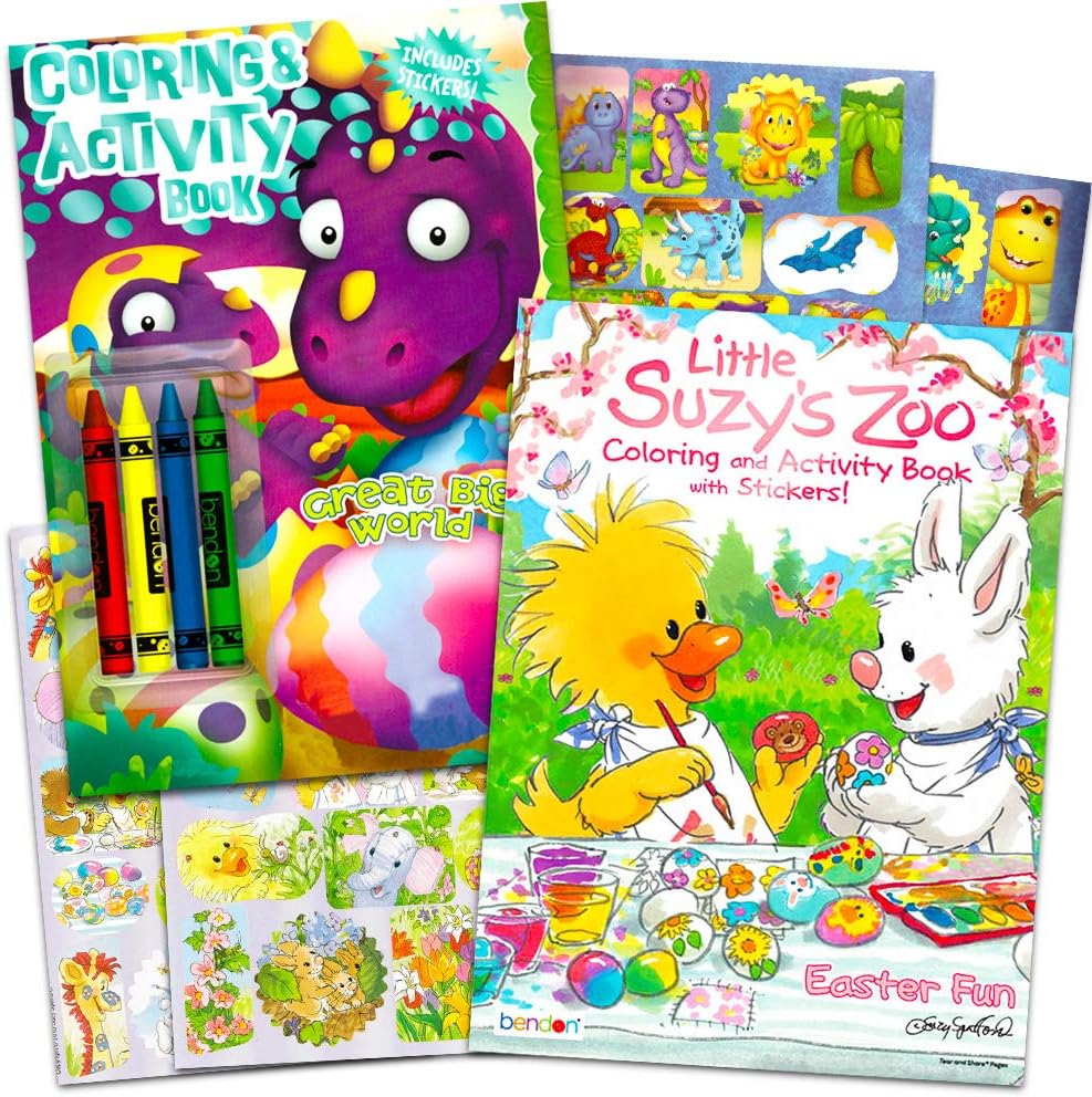 Easter Coloring Books Super Set for Kids -- 2 Spring Books with Stickers and Crayons (Featuring Dinosaurs, Bunnies, and Chicks)