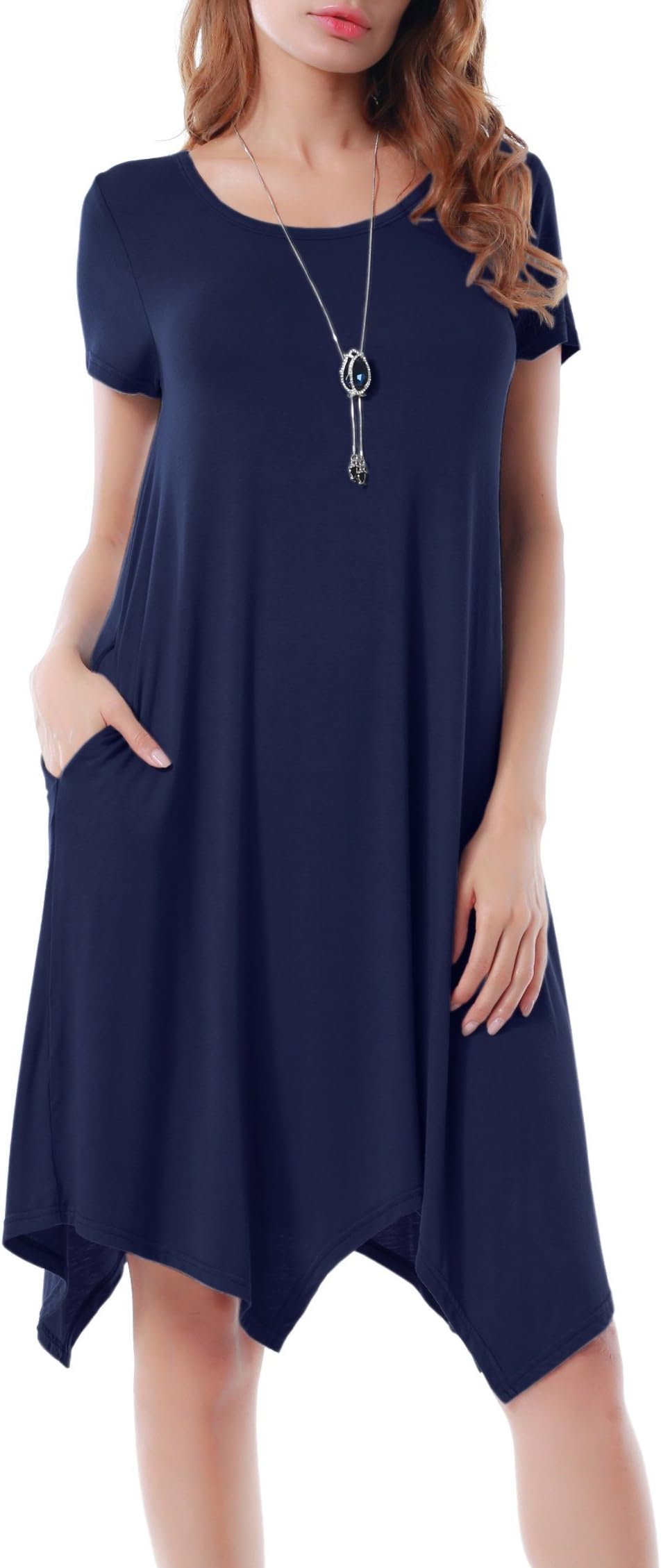 Women Casual Loose Soft Crewneck Short Sleeve Pockets Swing T-Shirt Dress