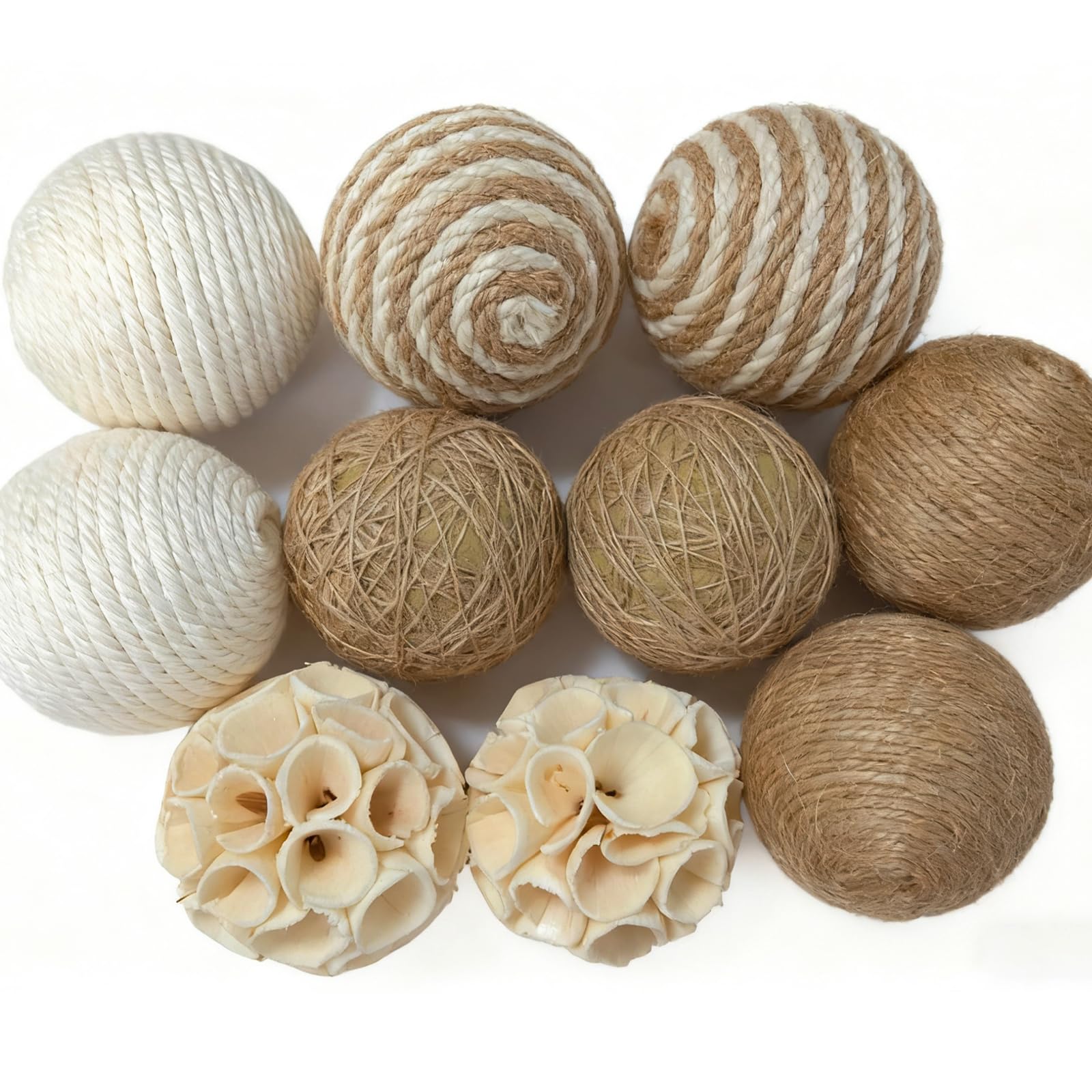 Photo 1 of 10 Pcs Decorative Balls Set for Bowls, Assorted Bowl Fillers & Vase Fillers for Centerpieces, Rattan Wicker Jute Ball Natural Decorative Spheres Home Decor for Party Wedding (2.5inch Beige White)