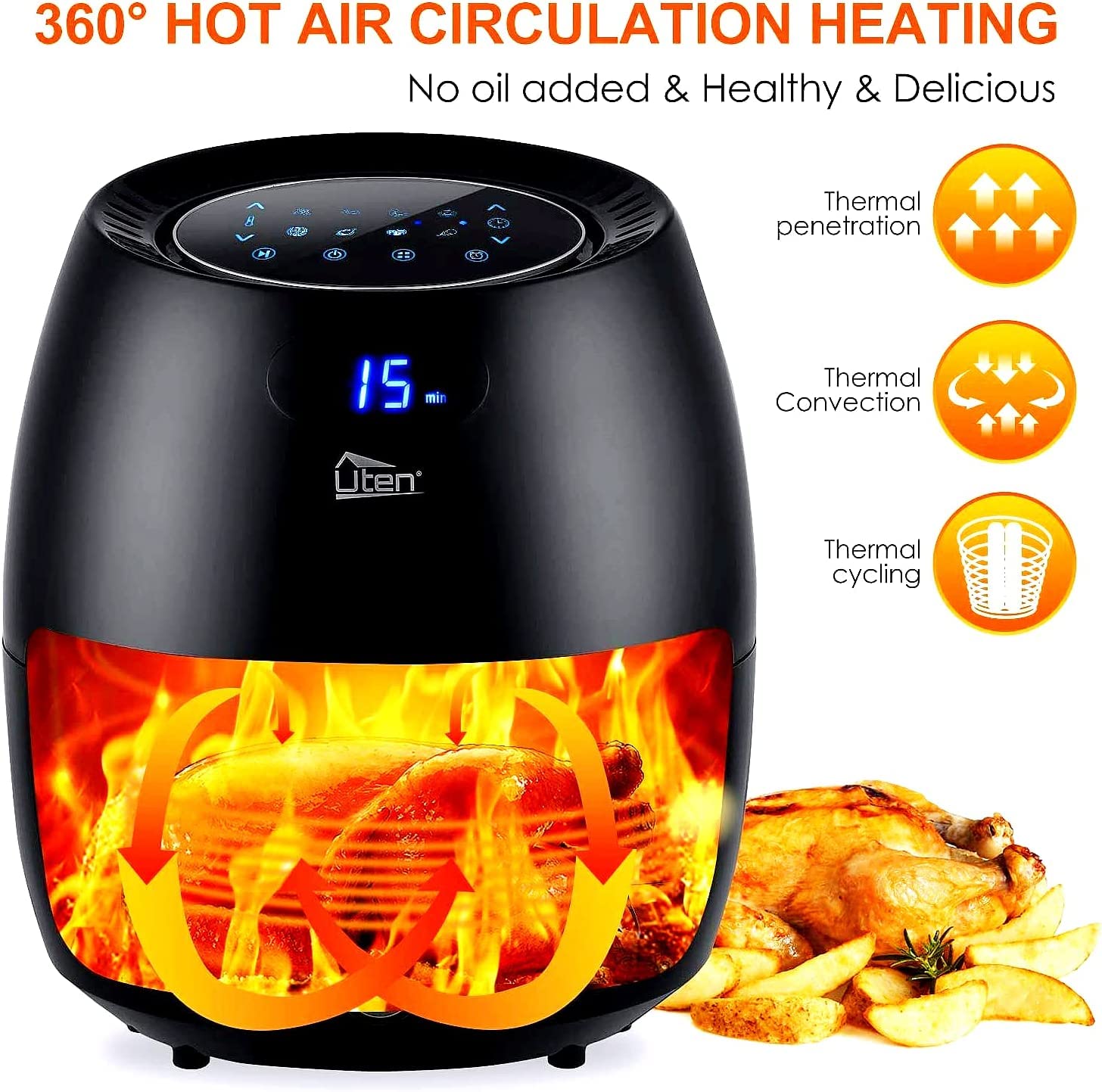 Freidora de aire 6.9QT/6.5L, Uten 1700W Modo de freír 8 en 1 de alta potencia, calentamiento rápido, horno antiadherente, cocción sin aceite, calentamiento rápido/control de tiempo, pantalla táctil digital LED, negro