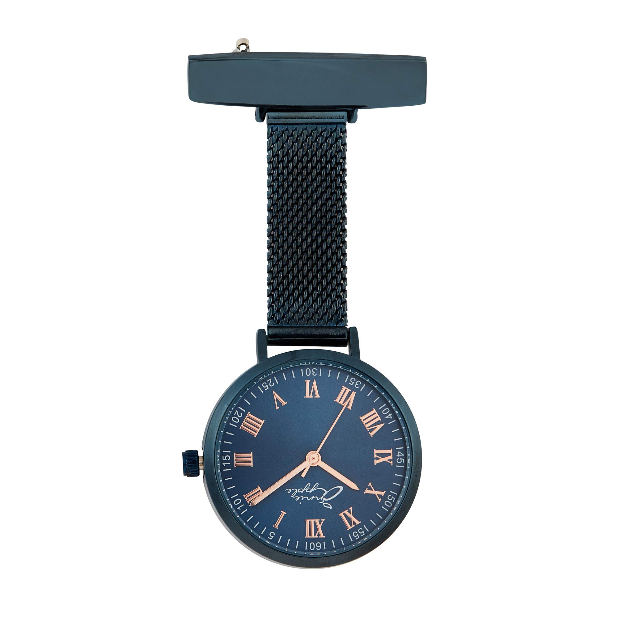 Annie Apple Nurse Fob Watch – Blue Mesh Link Chain Bracelet, Pocket Watch for Nurses, Hairdressers & Beauticians