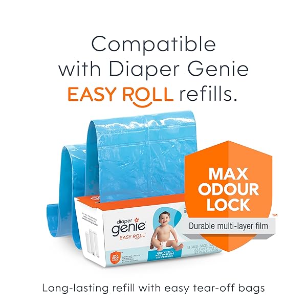 DIAPER GENIE ESSENCE PAIL, WHITE WITH 18 EASY ROLL REFILL BAGS