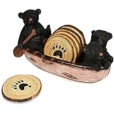 Bear Coasters Set of 6 in Handmade Canoe with Black Figurines - Rustic Wood Cabin Home Decor, Black Bear Log Cabin Decorations, Rustic Lodge Decor for The Home (4 Inch)