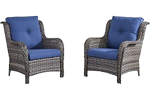 HUMMUH Outdoor Wicker Chairs PE Rattan Patio Dining Chairs Set of 2 High Back Curved Armrest Porch Chairs with 4 inch Seat Cushions (Grey Chairs with Blue Cushions, 35‘’D x 31''W x 35''H)
