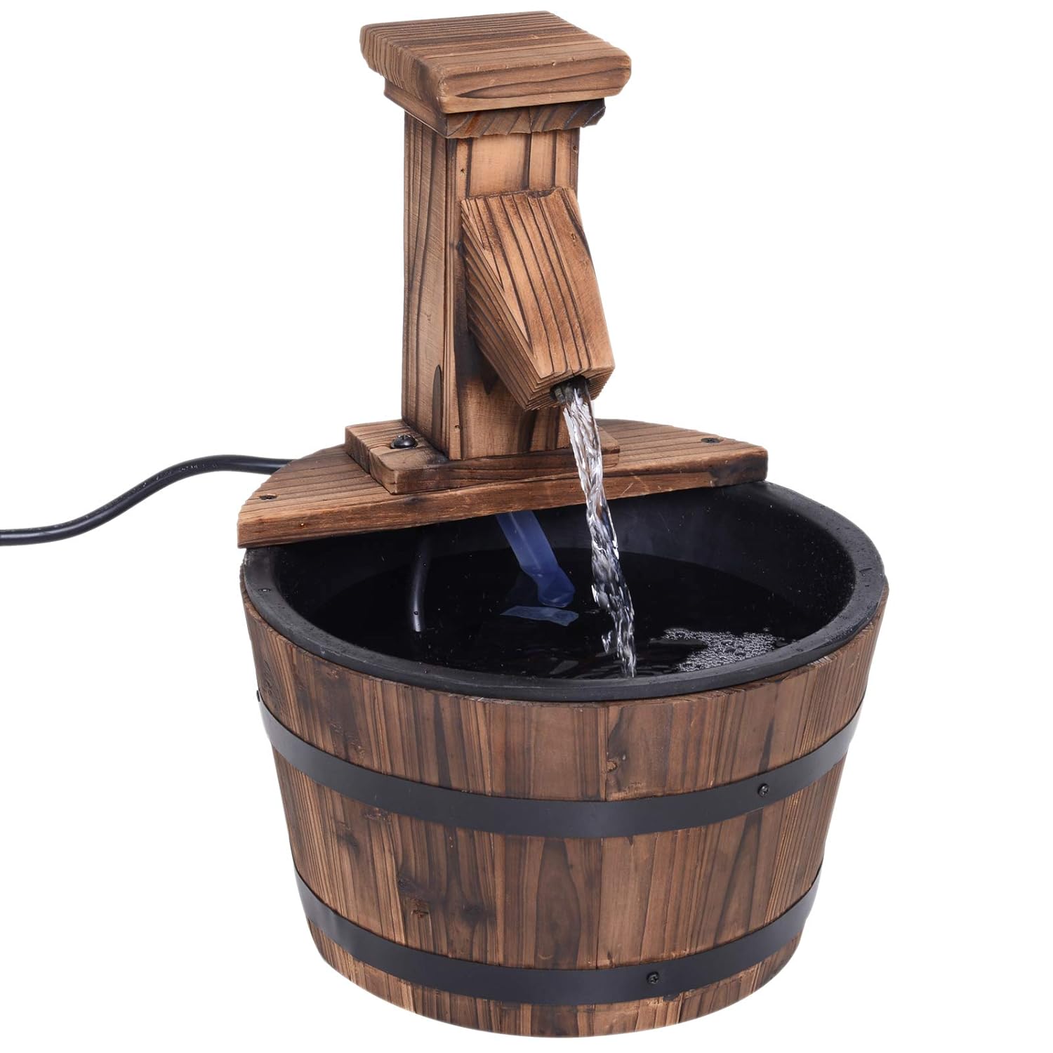 Outsunny Barrel Water Fountain Wood Garden Decor Metal Rustic Outdoor