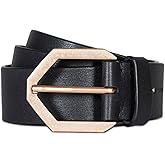 AllSaints womens 1.5 Inch Belt, Flat Leather Strap, Hexagon Shaped Buckle With Adjustable Sizing