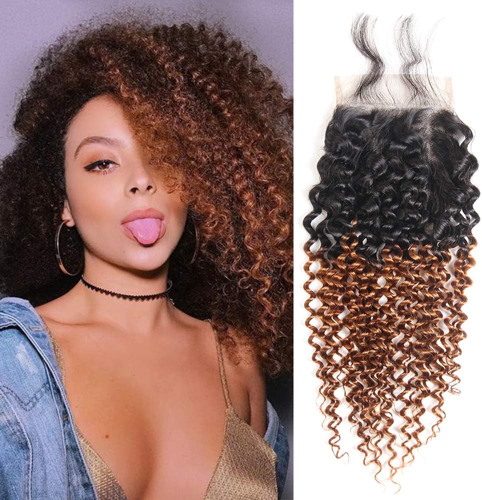 Alisfeel Ombre Kinky Curly Swiss 4x4 Inch Lace Closure, 100% Unprocessed Brazilian Curly Hair Closure, Ombre Closure Human Hair Bleached Knotes (Free Part 18")